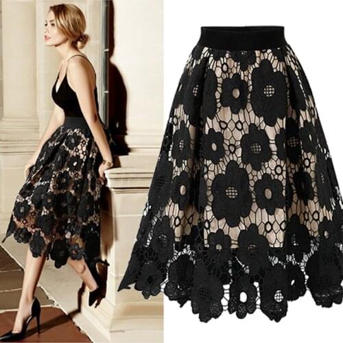 Women M-4X Elegant Fashion Flower Embroidery Hollow Out Lace Skirts Womens Casual Sexy Skirt Party Black SkirtSpring and summer