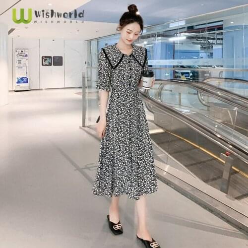 2021 Summer New Korean Fashion Temperament Elegant Lady Slim Dress Fashion Chiffon Printed Ruffle Summer Sundress