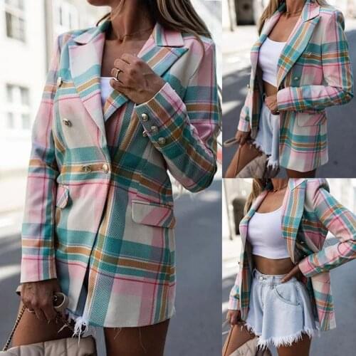 Women Vintage Button Coat Down Fashion Lapel Colorful Plaid Suit Jacket Double Breasted Coat Fashion Comfy High Quality Jacket