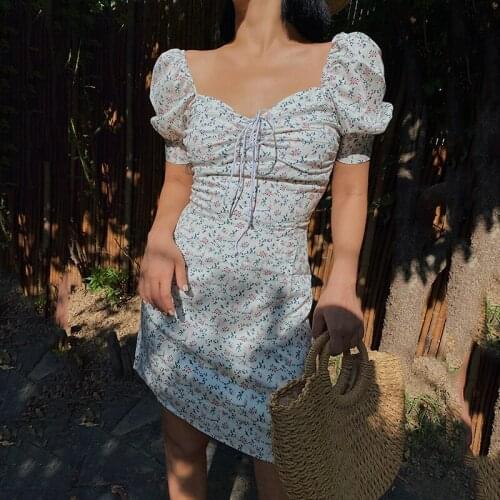 Women Elegant Simple Sexy Bodycon Dress Femme Tie Neck Floral Print Kawaii Puff Sleeve High Waist Trendy Summer Holiday Sundress