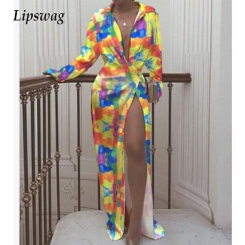 Sexy Deep V-Neck Women Shirt Dress Fashion Colorful Pattern Split Long Dress Autumn Long Sleeve One Button Party Dress Vestido