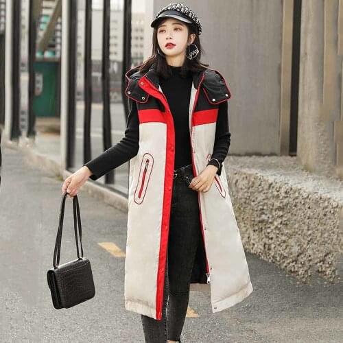2021 Casual Autumn Winter Down Cotton Vest Women Patchwork Color Stand Collar Long Loose Waistcoat Female Sleeveless Outwear