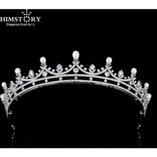 Himstory European Bride Princess Pearl Crown 3A CZ Crystal Headband Jewelry Wedding Accessories Bridal Headdress Tiaras