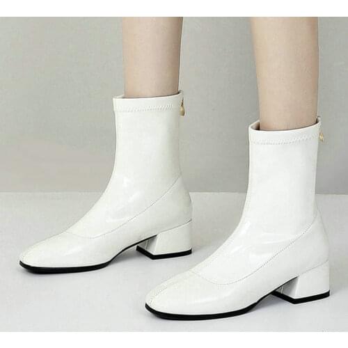 Black Beige White Women Ankle Boots PU Leather Comfortable Square Heel Women Short Boots Back Zipper Dress Womens Boots Big Siz