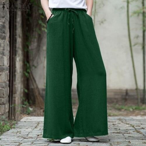 ZANZEA Vintage Women Elastic Waist Pants 2021 Summer Wide Leg Pants Casual Ladies Solid Cotton Linen Pockets Oversized Bottoms