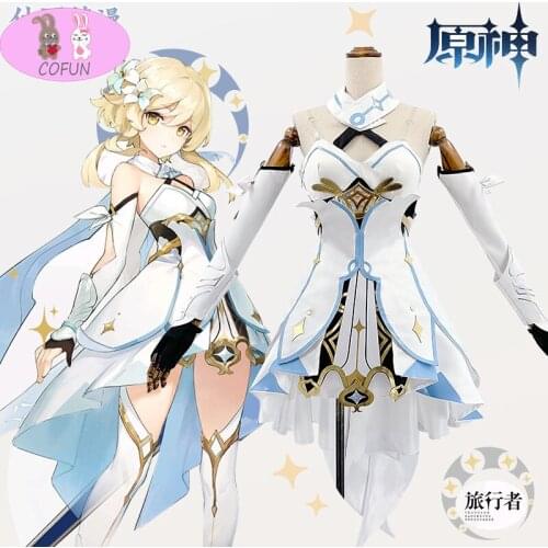 COSTAR Genshin Impact Cosplay Costume Traveler Lumine Aether Women White Costume Halloween Dress Stocking Belt Suit