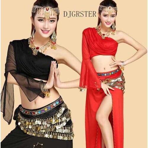 DJGRSTER Stage Performance Oriental Belly Dancing Clothes 4-piece Suit Bead Bra, Belt & Skirt Belly Dance Costume Set 4Colors