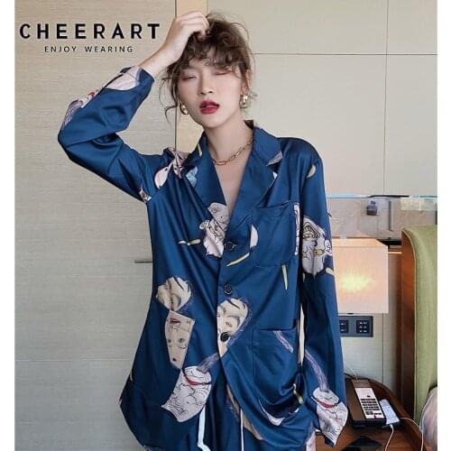 CHEERART Ukiyoe Hannya Print Long Blazers Women Blue Autumn Designer Jacket Coat Suit Designer Blazer Fall 2020 Women