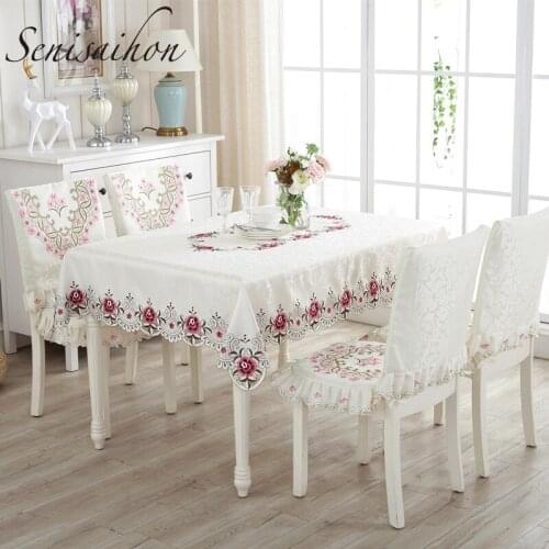 European Embroidered Tablecloth Upscale Satin Jacquard Fabric Table Runner Hollow Hem Dining Table Cloth for Wedding Banquet