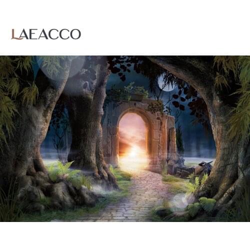 Laeacco Dark Night Old Stone Door Tree Moon Way Road Scenic Photographic Backdrop Photo Background Photocall Photo Studio