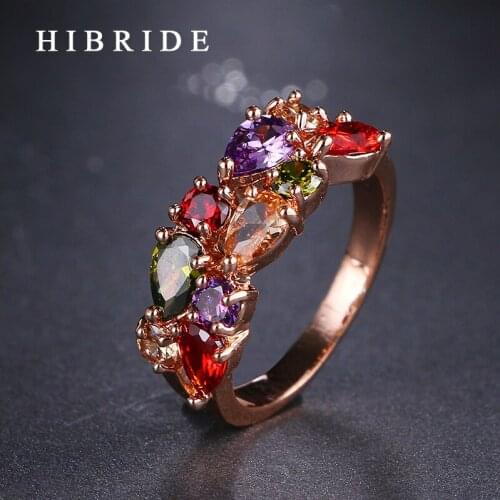 HIBRIDE Jewelry AAA Multicolor Cubic Zirconia Ring Classic Style Rose Gold Color Mona Lisa Ring for Women Gifts QSP0010-16