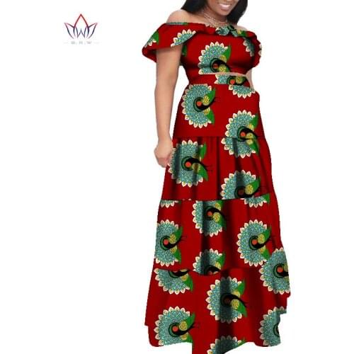 Custom African Women Out Off the Shoulder Crop Top+Overlapping Pleated Ankle Length Skirt 2 Pieces African Style Clothing WY8551