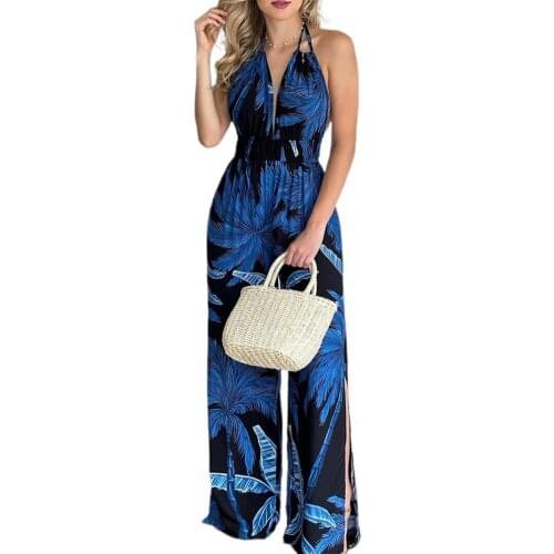 Sexy Women Jumpsuit Sleeveless Floral Tree Print Wide Leg Slit Hem Backless Halter Loose Romper Overall Pant Sets Streetwear
