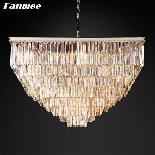 Vintage 1920s Odean Clear Crystal Chandelier Light LED Square Chrome Frame Decorative Hanging Lamp Art Deco Bedroom Living Room