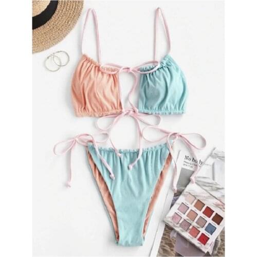 Summer new sexy bikini bandage thong bikini swimwear fashion contrast stitching bikini sexy hollow ladies split swimwear