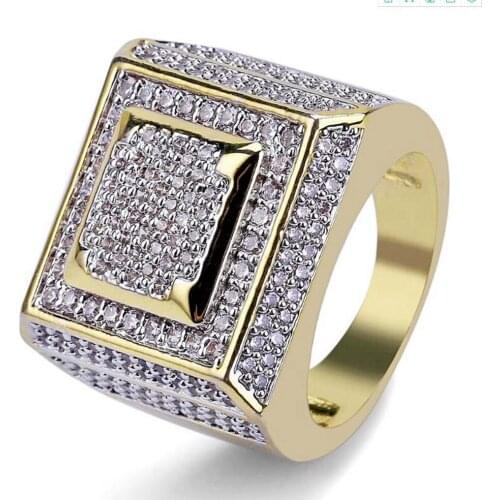 New Fashion Hip Hop Men Ring Copper Gold Color Plated Iced Out Micro Pave Cubic Zircon Square Rings With 7-11 Good Quality