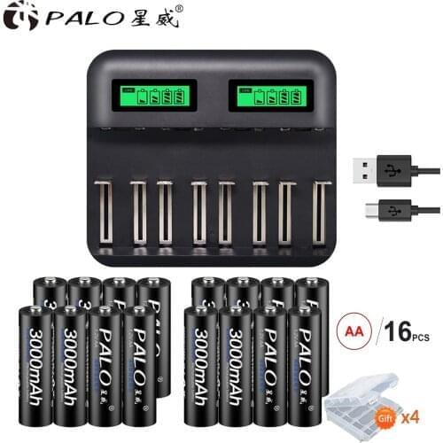 PALO LCD Battery Charger FOR AA/AAA Nimh Nicd Rechargeable Battery 1.2V AA Rechargeable Battery+16Pcs AA Rechargeable Battery AA