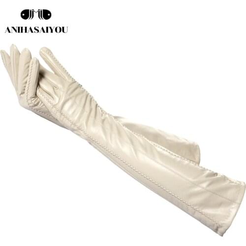 Fashion beige long leather gloves,high-grade long leather gloves women,winter genuine sheepskin womens long gloves - CSD2-50CM
