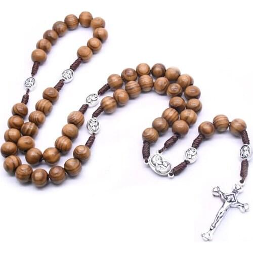 Handmade Weave Virgin Mary Antique Wooden Beads Rosaries Cross Pendants Necklace Vintage Catholic Religious Jesus Jewelry