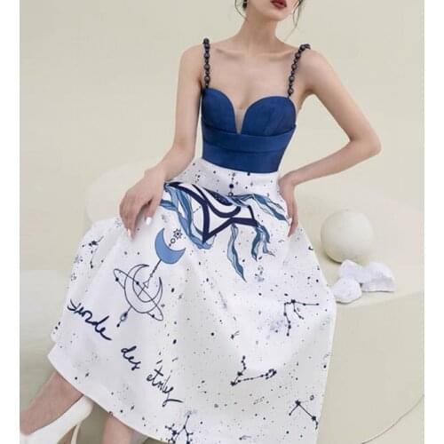 Runway Fashion Summer Women Dress 2021 High Quality Spaghetti Strap Blue Patchwor White Letters Flower Print Elegant Party Dress