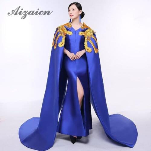 Royal Blue Embroidery Luxury Evening Dress Elegant Oriental Prom Gowns Fashion Women Showes Gold Phoenix Cheongsam Long Trailing