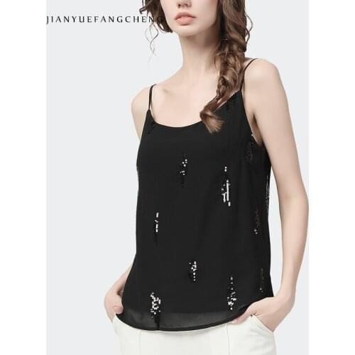 Luxury Sequined Women Black Chiffon Tank Top Loose Plus Size New Summer Ladies Sling Tanks Sleeveless Backless Casual Blouses