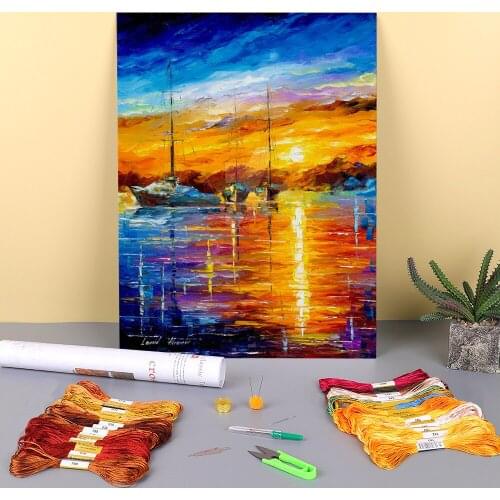 Boats Sunrise And Happines Printed Fabric 11CT Cross-Stitch Embroidery Patterns DMC Threads Painting Sewing Knitting Sales