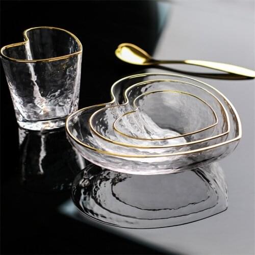 Unique Romantic Heart Shape Gold Rim Glass Bowl Lovely Salad Bowl Art Design Jelly Dissert Plate Small/Medium/Large Size