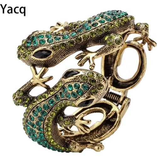 YACQ Gecko Bangle Bracelet Antique Gold Silver Color Animal Bling Crystal Jewelry Gifts for Women Her Girls Dropshipping A08