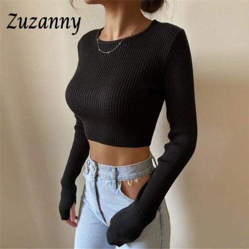Zuzanny O Neck Casual Ribber T Shirt White Basic Slim Skinny Women Crop Tops Long Sleeve Tee Shirt Femme 2021 Knitted T-Shirts