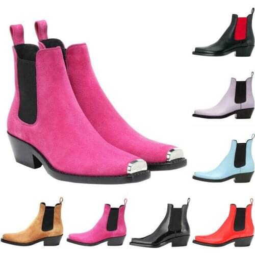 Women Cowboy Leather Ankle Chelsea Elasticated Boot Metal Square Toe Chunky Heel Boots Shoes Plus Size 34-45 7Colors