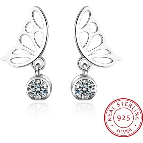 LEKANI Genuine 925 Sterling Silver Feather Fairy Wings Stud Earrings Silver for Women Fashion Silver Jewelry Christmas SCE343