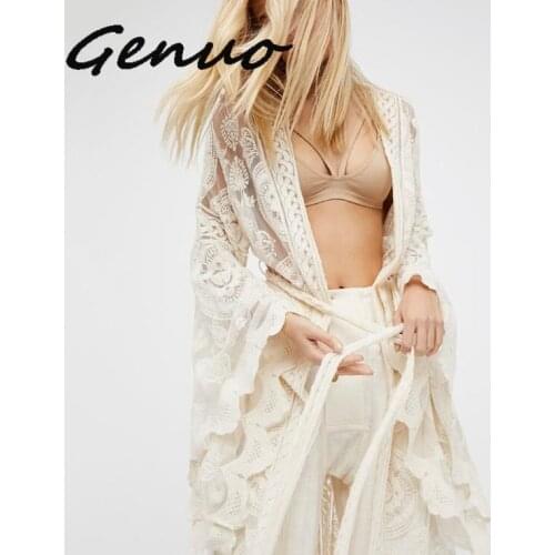 Genuo New 2019 Women Boho Flare Sleeve Lace Maxi Wrap Summer Tunic Dress Bohemian Holiday Kimono Beach Inspired Dresses Robe