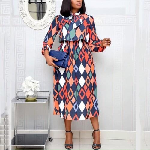 2021 New Autumn Winter Dresses for Women Geometric Printed Bow Collar High Waisted A Line Mid Calf Fashion Business Work Dress