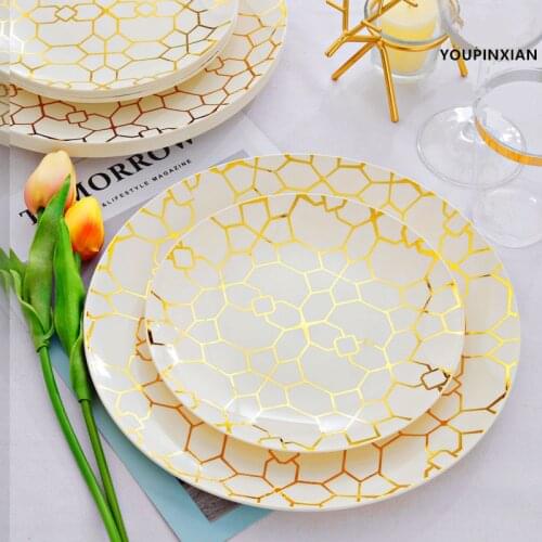 New 10 Packs Of Disposable PlasticFood Grade Material Porcelain White And Gold Line Western Dinner Wedding Party Cold Dishes