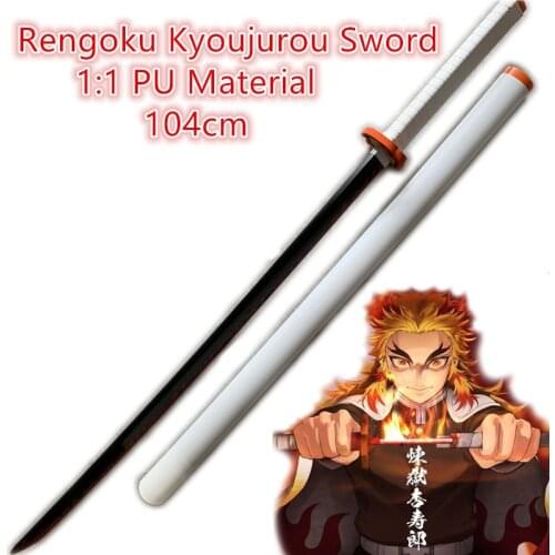104cm Demon Slayer Cosplay Sword 1:1 Rengoku Kyoujurou White Sowrd Anime Ninja Knife Kimetsu no Yaiba Sword Weapon PU Model Gift