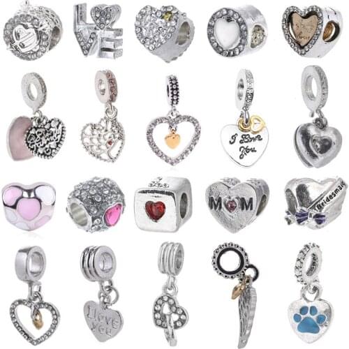 2Pcs/Lot High Quality European Style Silver Plated Crystal Love Heart Charm Pendants Fit Brand Bracelets For Women Jewelry Gift