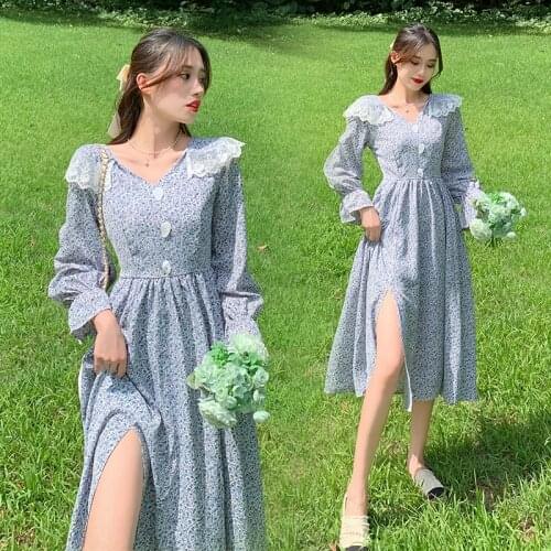 3717B# Maternity Clothes nursing Spring Autumn Chiffon v-neck Floral Long Sleeves Loose Stylish Dress for Pregnant Women Dress