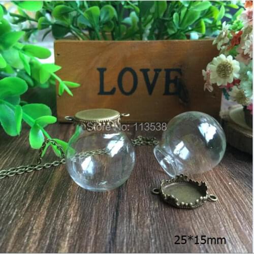Free Shipping 20sets/lot 25*15mm (15mm opening) Glass globes with bronze color base set glass bottle DIY glass vials pendant