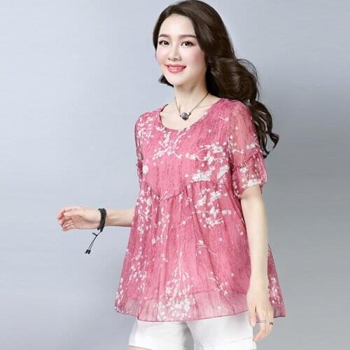 Summer Sweet Lady Women Printed Loose 3xl 4xl Blue Short Butterfly Sleeve Chiffon Blouse , Fashion Female Woman Ruffles Blouses