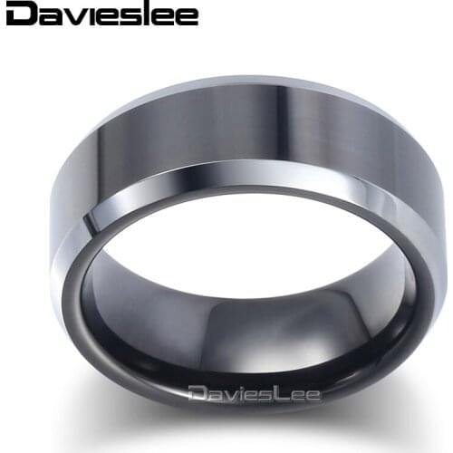 Davieslee Polished Wedding Band Ring for Men Tungsten Carbide Black Silver Color Engagement Ring for Male Jewelry Gift 8mm DTR05