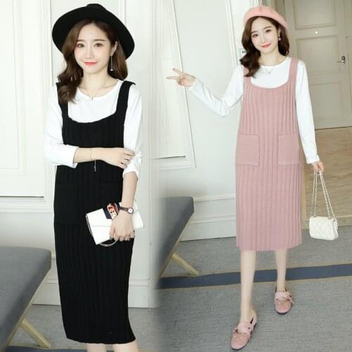 Envsoll Maternity Dress Two Pieces Set Long O-Neck Knit Sling Dress Skirt+ Long Sleeve Top Maternity Clothes for Pregnant Women