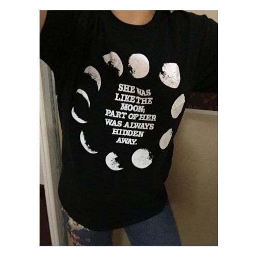 Sunfiz YF Black Moon T Shirt She Was Like the Moon, Part of Her Was Always Hidden Away Quotes Women Moon Phases Gothic T-Shirt