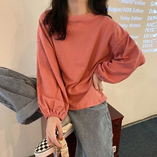 Fashion T-shirt Women Long Lantern Sleeve Solid Loose Student Tshirt Spring Summer 2021 O-neck Casual Pullover Ladies Tees Top