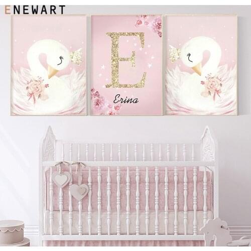Personalized Poster Baby Name Custom Canvas Painting Nursery Print Pictures Pink Swan Crown Wall Art for Girls Bedroom Decor