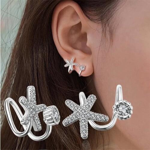 KOFSAC New Charm S925 Silver/Rose Gold Starfish Ear Clip Earrings For Women Party Fashion Crystal Jewelry Best Girl Gift