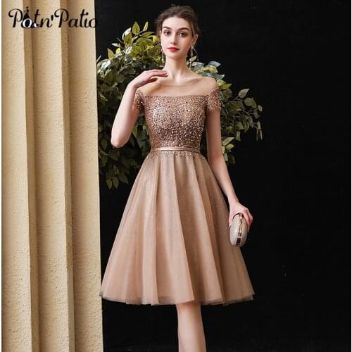 Champagne Short Prom Dresses 2020 Handmade Beading Sequins Tulle Dresses For Evening Party Women Homecoming Dresses