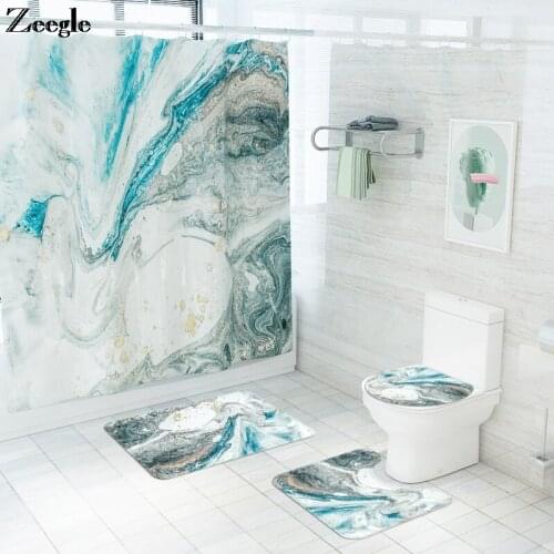 Bath Mat and Waterproof Shower Curtain Set Blue-Grey Marble Printed Carpet Bathroom Toilet Cover and Floor Mat Anti-Slip Mat Set