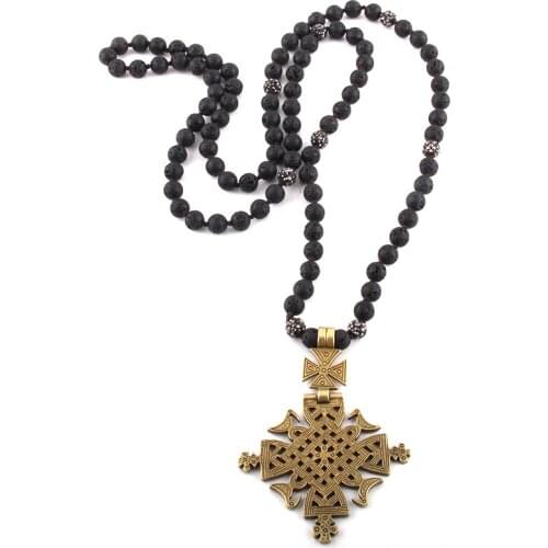 MOODPC Fashion Bohemian Tribal Jewelry Natural Stones Long Knotted Metal Cross Pendant Women Ethnic Necklace