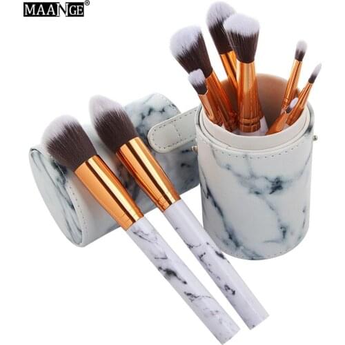 10Pcs/Set Pro Marbling Makeup Brushes Kit Marble Pattern Cylinder PU Brush Bag Power Beauty Make Up Brush Cosmetic Tools gift